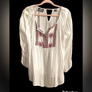 Cream sheer blouse with black and red embroidery